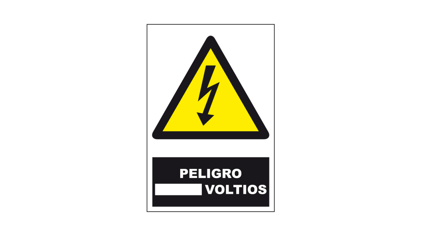 Etiqueta de advertencia y de peligro con pictograma: Peligro eléctrico, texto en: Español "Peligo Voltios",