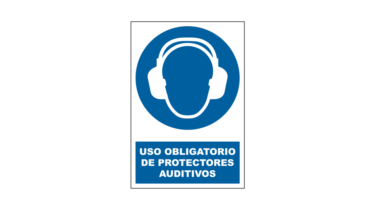 Señal de obligación con pictograma: Protección Auditiva, texto en Español , 125mm x 170 mm