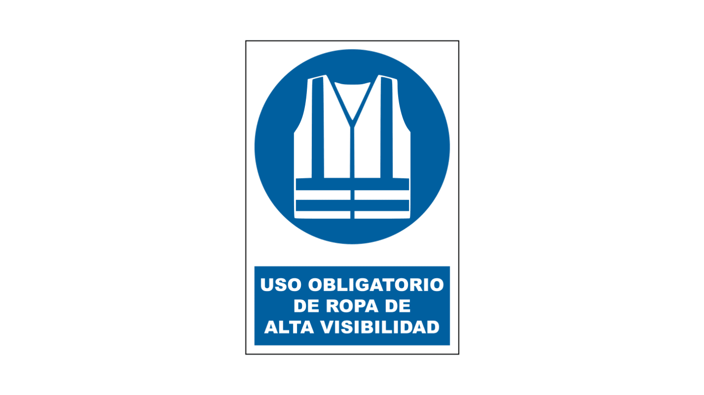 Señal de obligación con pictograma: Ropa de alta visibilidad, texto en Español , 170mm x 250 mm