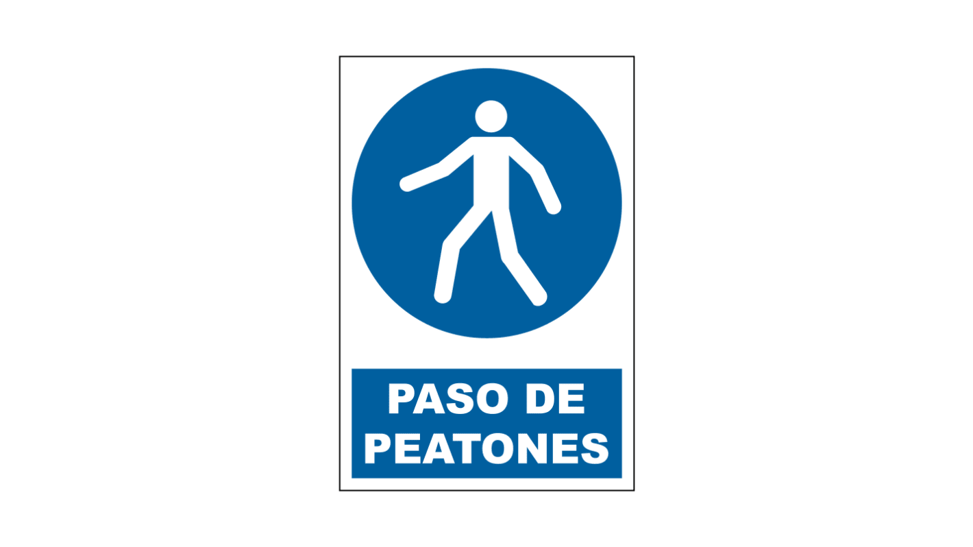 Señal de obligación con pictograma: Peatones, texto en Español, autoadhesivo, 330mm x 500 mm