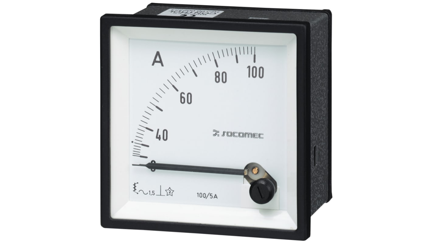 Amperometro analogico da pannello Socomec, max 15A, c.a., foro L 48mm x H 48mm