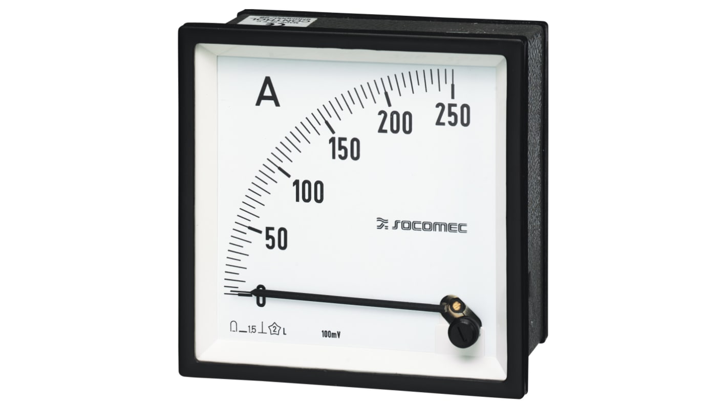 Amperometro analogico da pannello Socomec, max 10A, c.c., foro L 72mm x H 72mm