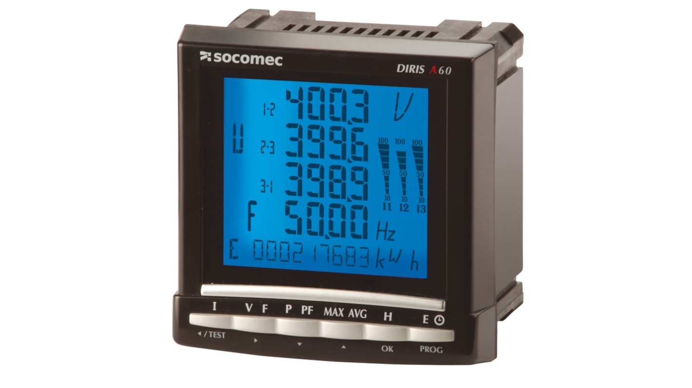Analizador de red multifunción de panel Socomec, con display LCD, para Corriente, frecuencia, potencia, factor de