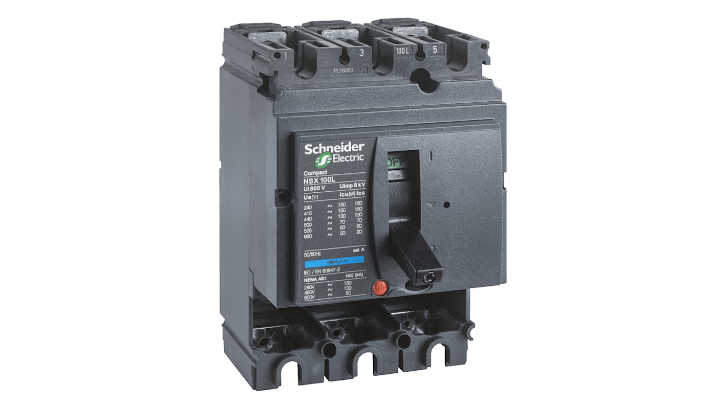 Schneider Electric, ComPact MCCB Molded Case Circuit Breaker 3P 100A, Fixed Mount