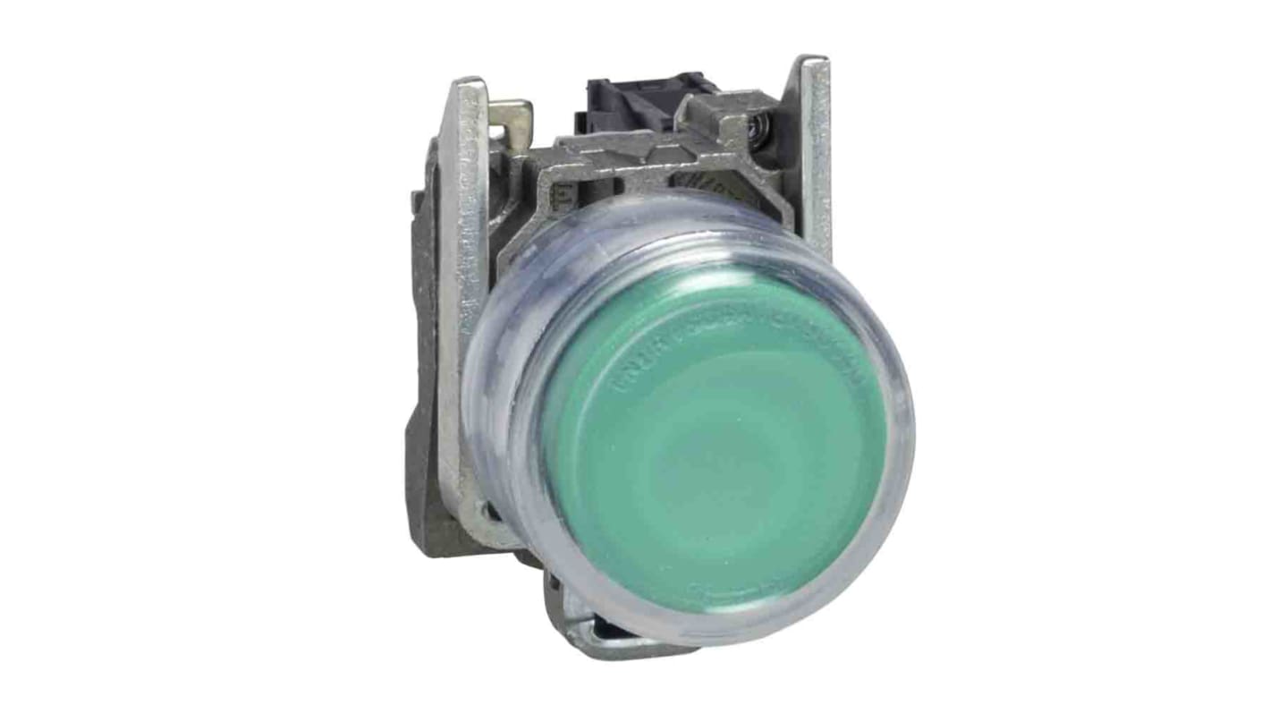Unidad completa de botón pulsador Harmony XB4, color de botón Verde, SPST, iluminado