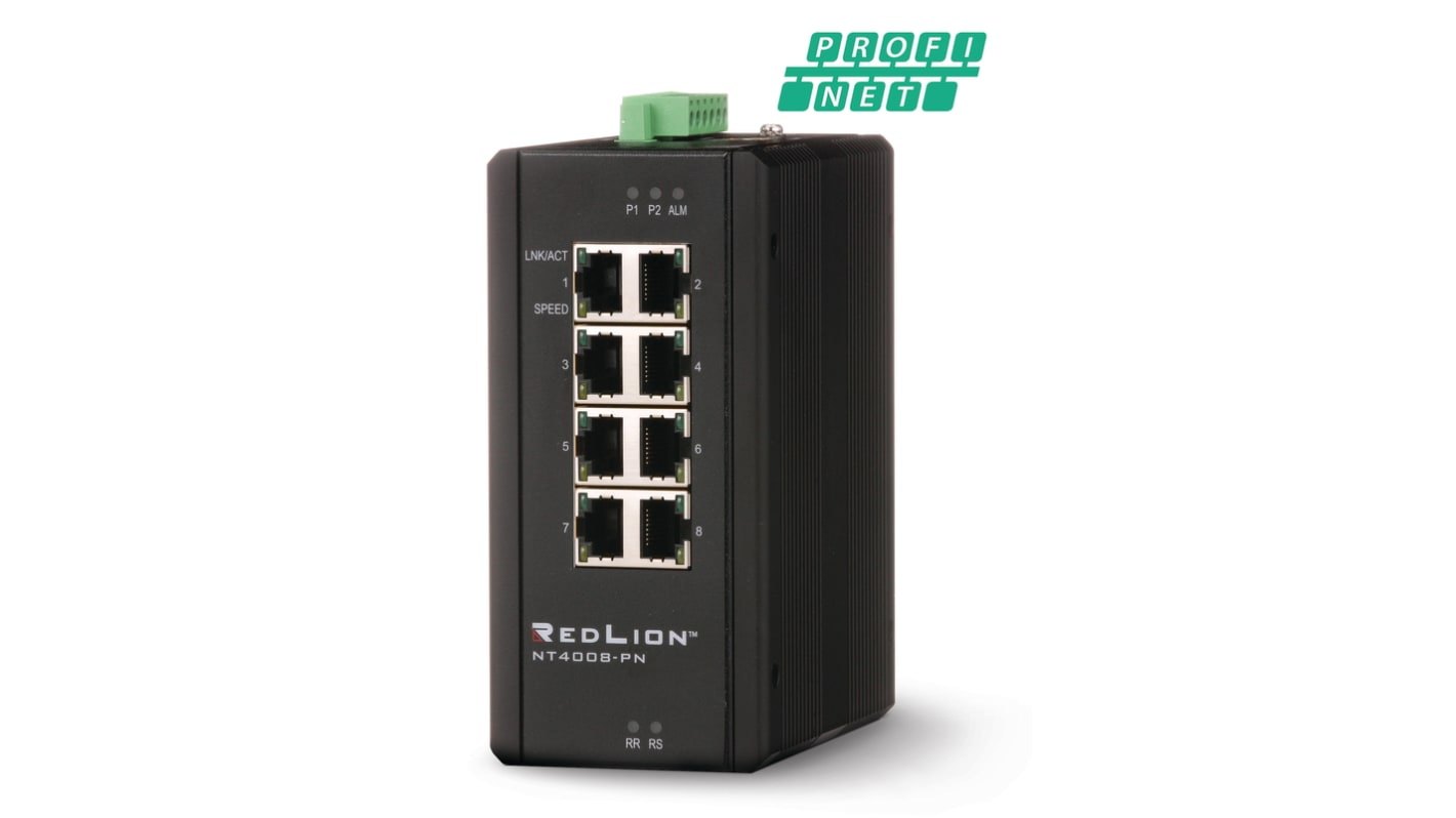 Red Lion NT-4008 Series DIN Rail Mount Ethernet Switch, 8 RJ45 Ports, 12 → 58V dc