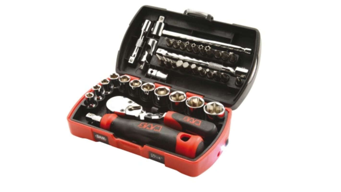 SAM 39-Piece Metric 1/4 in Standard Socket/Bit Set with Ratchet, 6 point; Hex Bit; Phillips Bit; Pozidriv Bit; Slotted