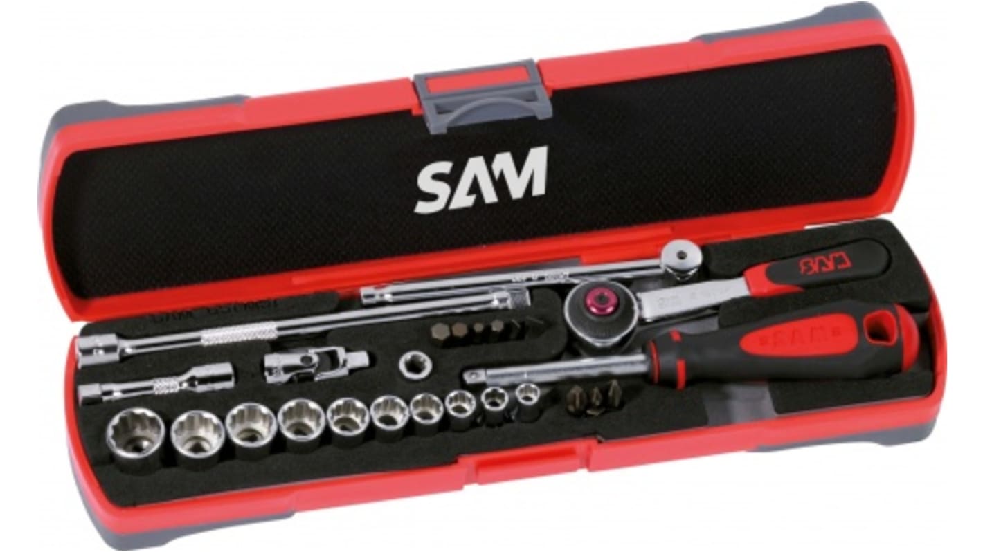 SAM 26-Piece Metric 1/4 in Standard Socket/Bit Set with Ratchet, 12 point; Hex Bit; Phillips Bit; Slotted Bit