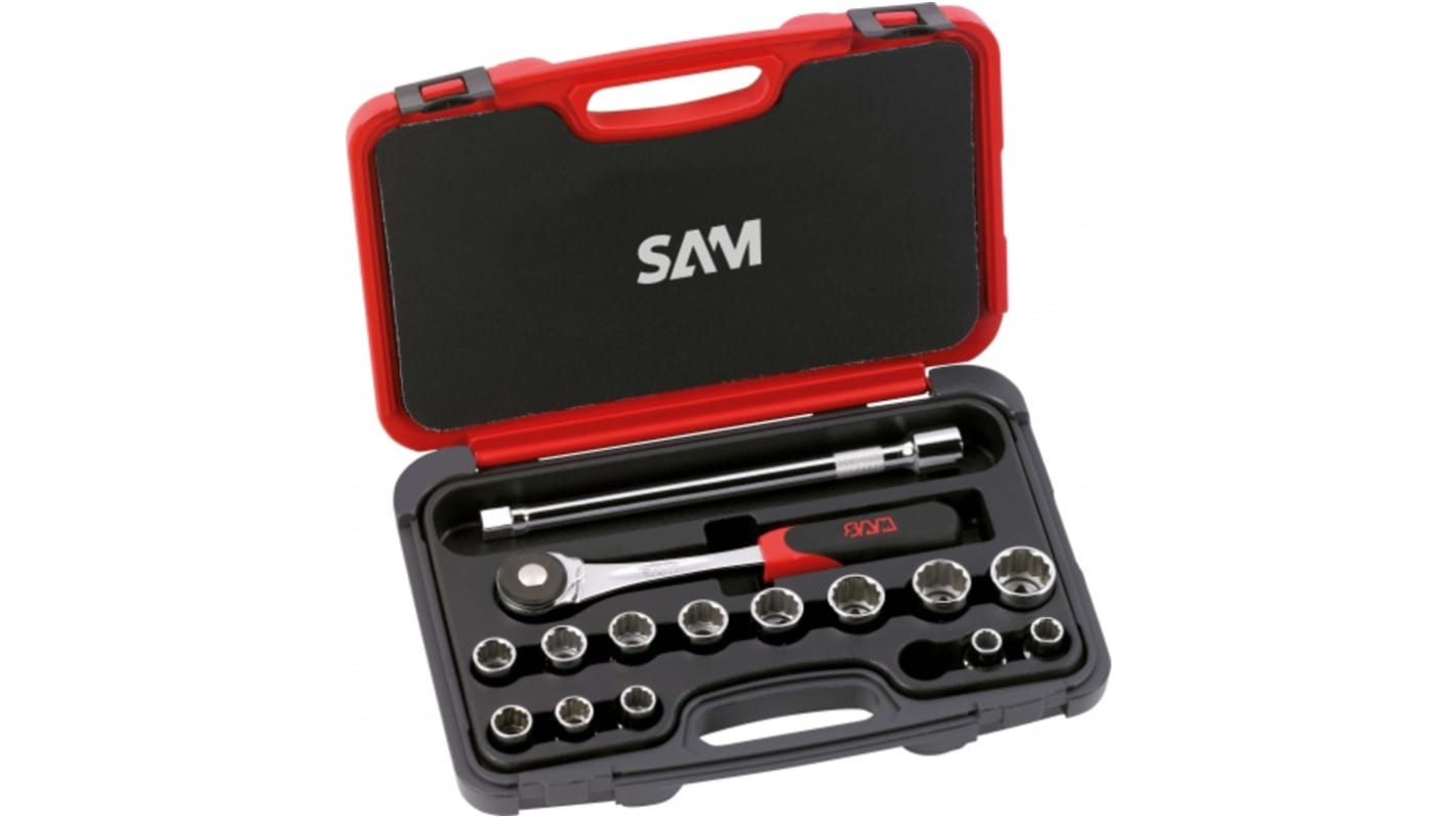 SAM 15-Piece Metric 1/2 in Standard Socket Set with Ratchet, 12 point