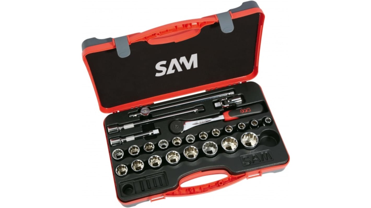 SAM 25-Piece Metric 1/2 in Standard Socket Set with Ratchet, 12 point