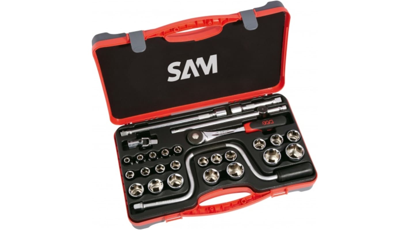 SAM 28-Piece Metric 1/2 in Standard Socket Set with Ratchet, 6 point