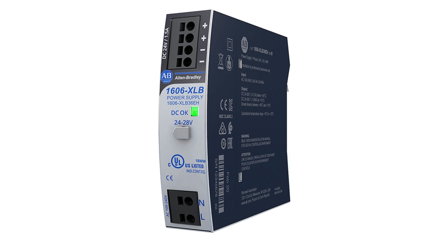 Rockwell Automation 1606 Switched Mode DIN Rail Power Supply, 100 → 240 V ac, 110 → 300 V dc ac, dc