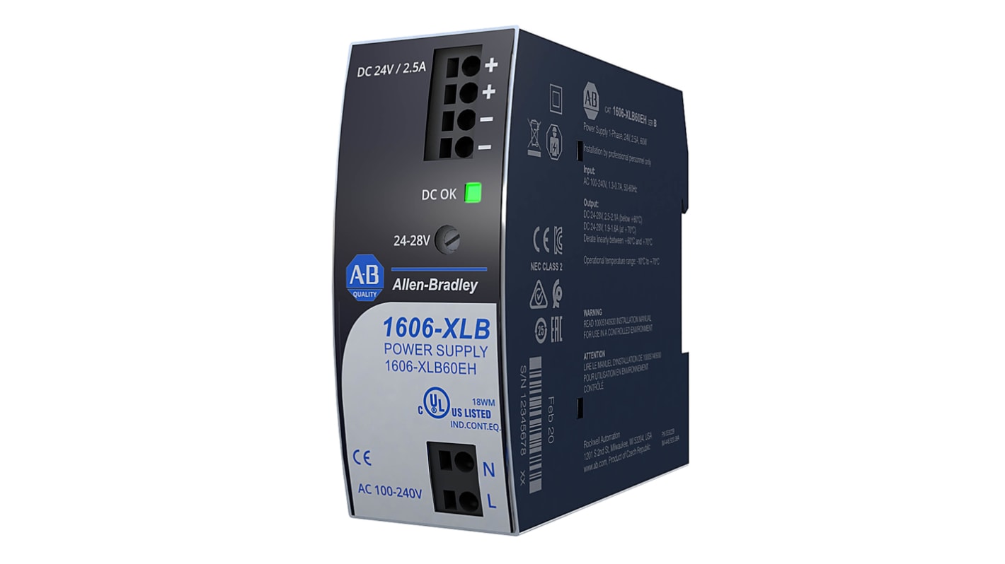 Rockwell Automation 1606 Switched Mode DIN Rail Power Supply, 240V ac ac Input, 12V dc dc Output, 5A Output