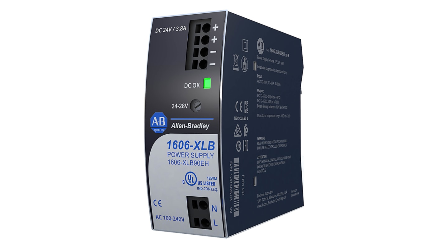 Rockwell Automation 1606 Switched Mode DIN Rail Power Supply, 240V ac ac Input, 24V dc dc Output, 3.75A Output