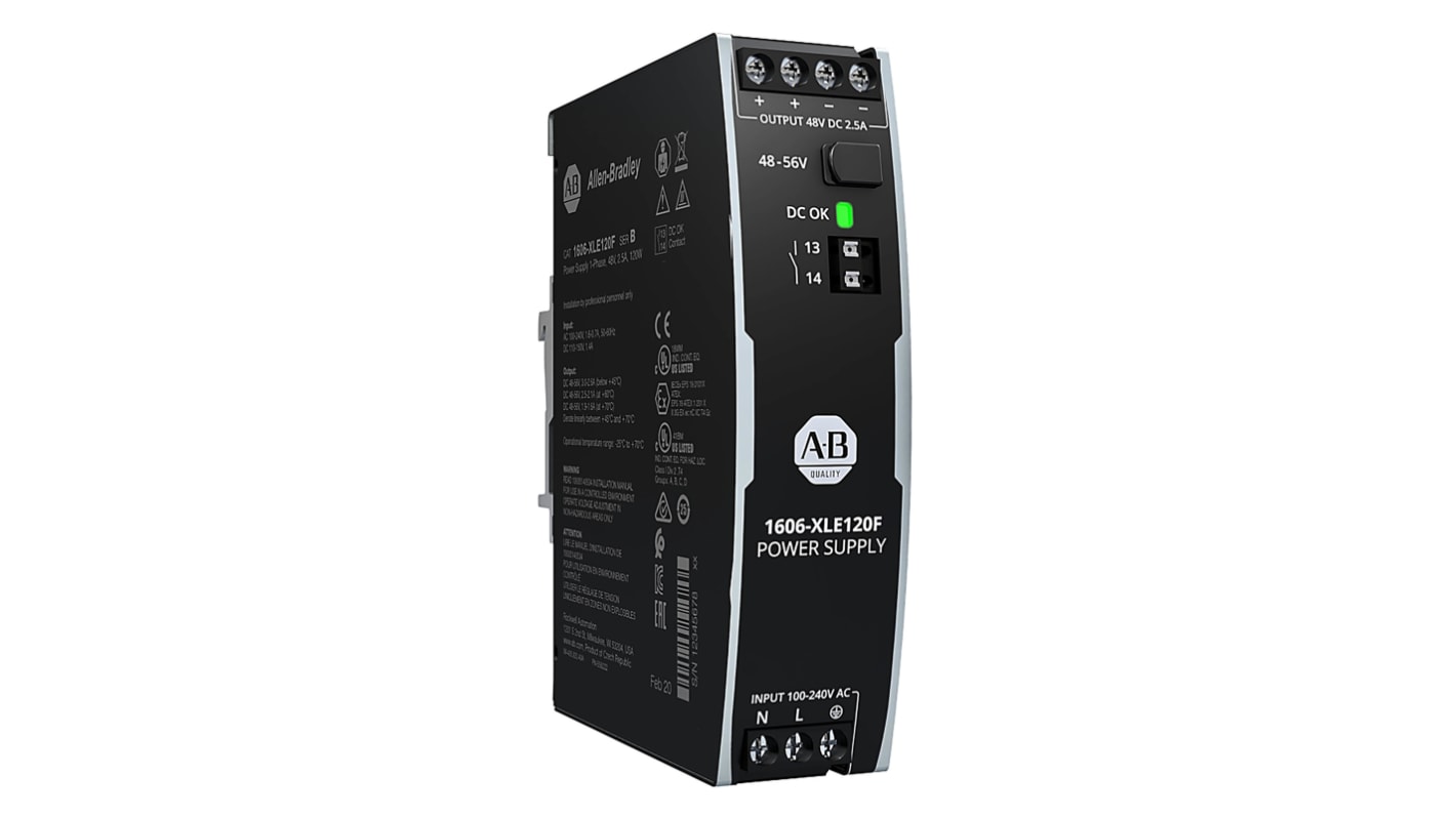 Alimentatore a montaggio su guida DIN Rockwell Automation, 48V cc, 2.5A, 100 → 240 V ac, 110 → 150 V dc