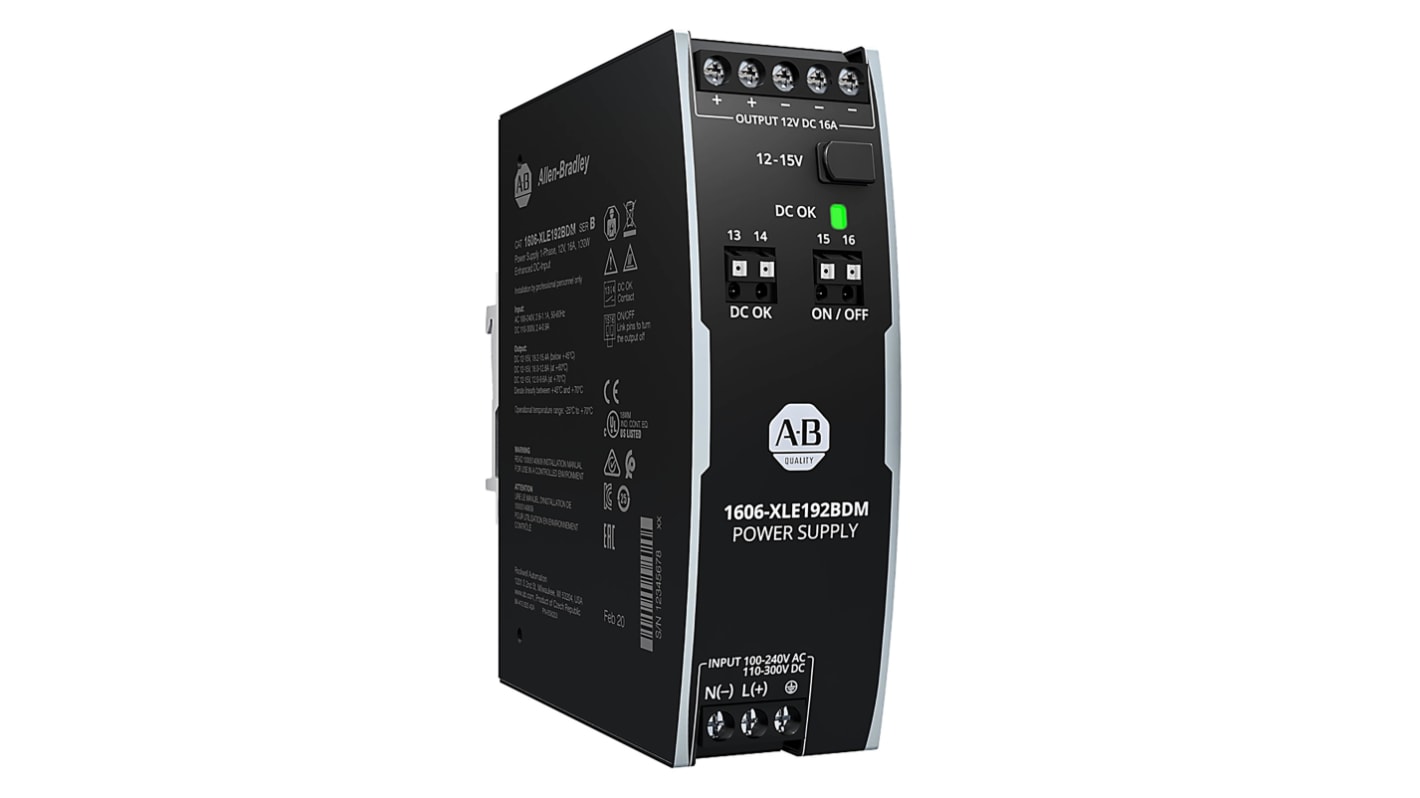 Rockwell Automation 1606 Switched Mode DIN Rail Power Supply, 240V ac ac Input, 12V dc dc Output, 16A Output