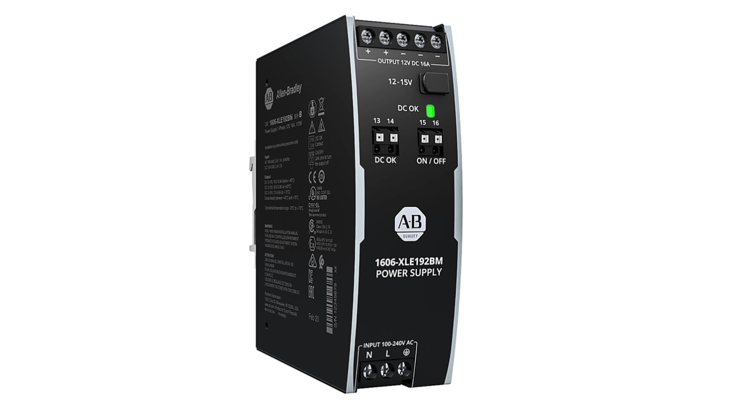 Rockwell Automation 1606 DIN Rail Power Supply, 240V ac ac Input, 12V dc Output, 16A Output