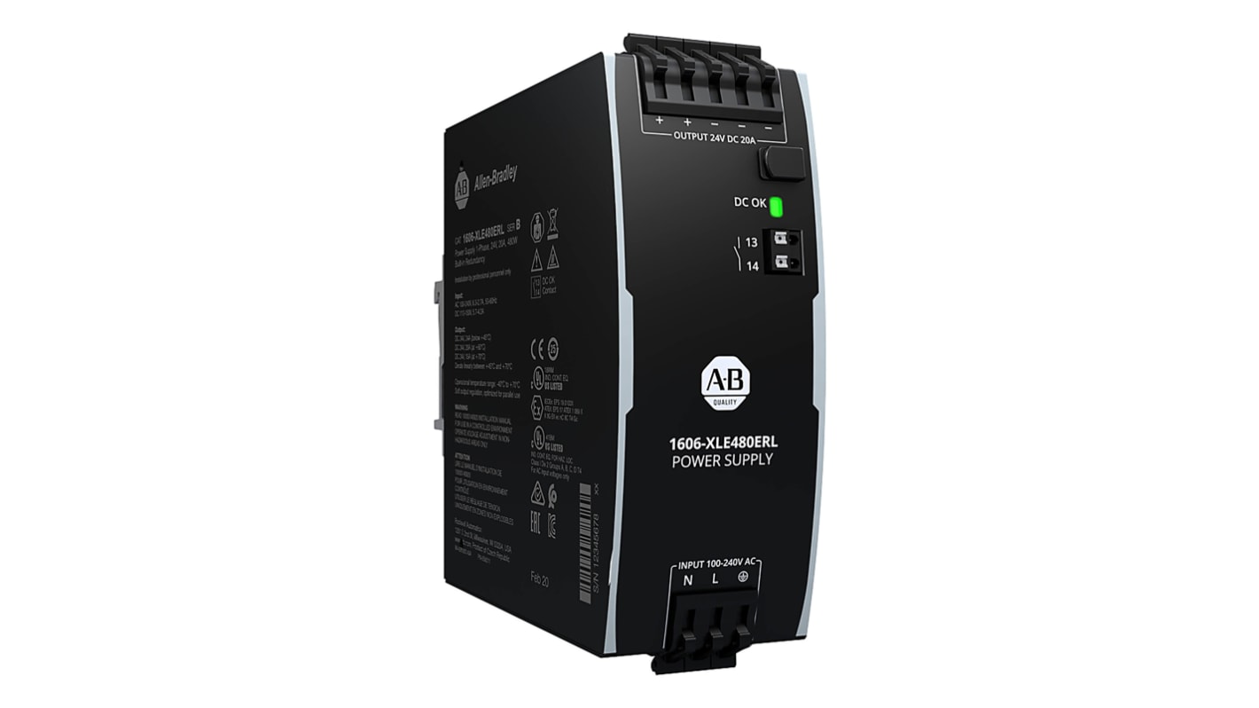 Alimentation pour rail DIN Rockwell Automation, série 1606, 24V c.c.out 20A, 100 → 240 V ac, 110 → 150 V