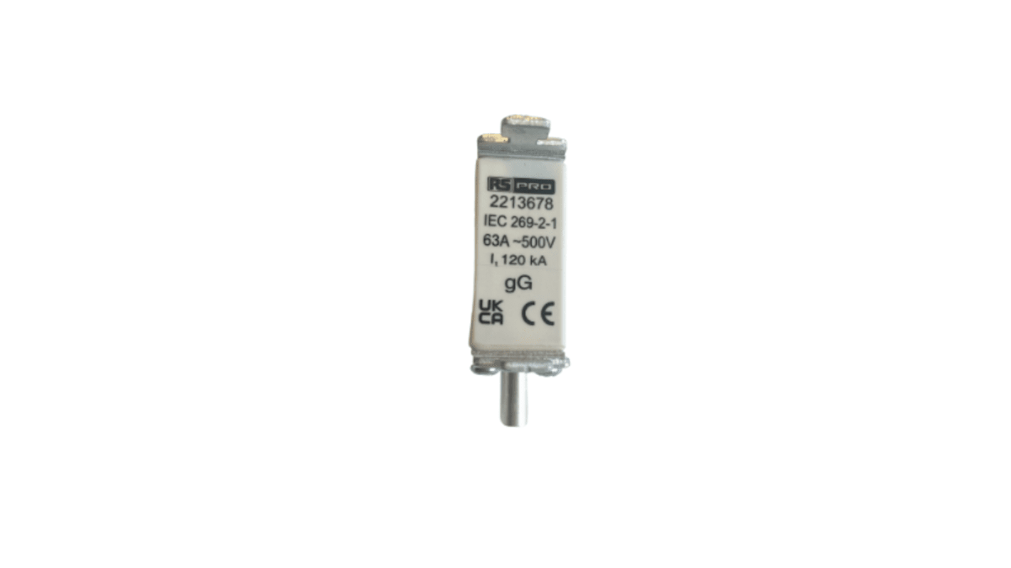 Fusible NH de cuchillas centradas RS PRO, NH000, gG, 415V ac, 63A, F, IEC 60269-2