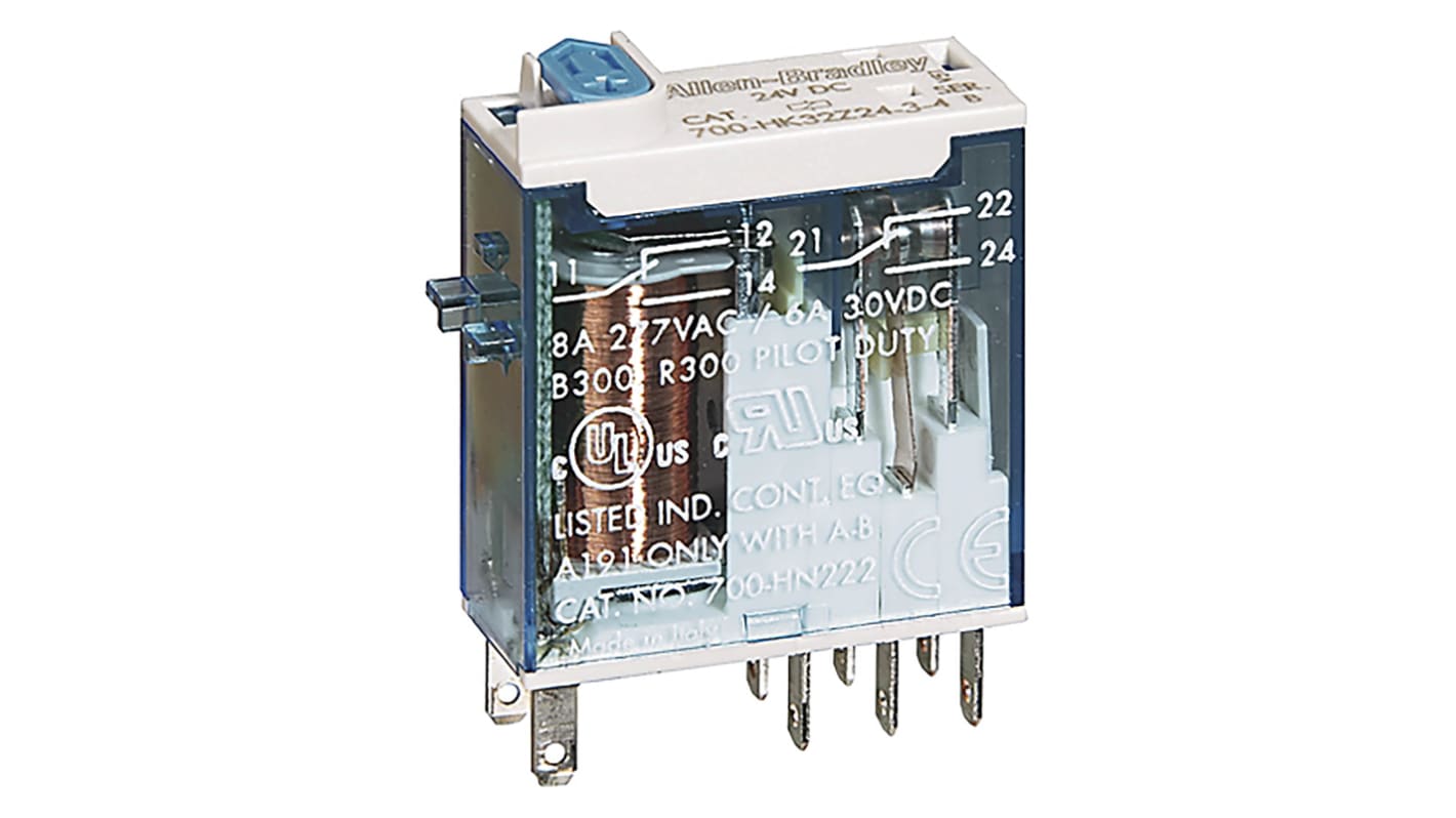 Relé sin enclavamiento Rockwell Automation 700-HK de 2 polos, DPDT, bobina 240V ac, 8A, enchufable