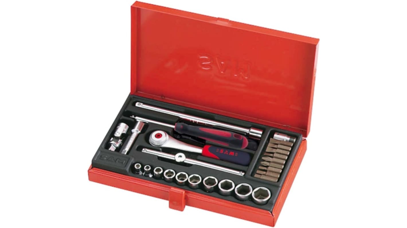 SAM 26-Piece Metric 1/4 in Standard Socket/Bit Set with Ratchet, 6 point; Hex Bit; Phillips Bit; Slotted Bit