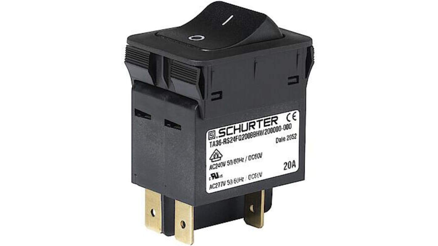 Schurter TA36 Rocker Circuit Breaker - TA36  Single Pole 32 V dc, 277 V ac Voltage Rating, 10A Current Rating