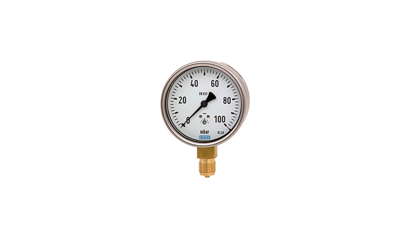 WIKA NPT 1/2 Analogue Pressure Gauge 0bar Bottom Entry, 9876758, -0.4bar min., 612.20