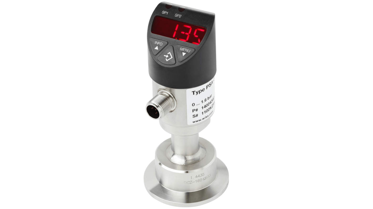 Sensor de presión manométrica WIKA, 0bar → 1bar, 15 → 35 V., salida PNP, IP67