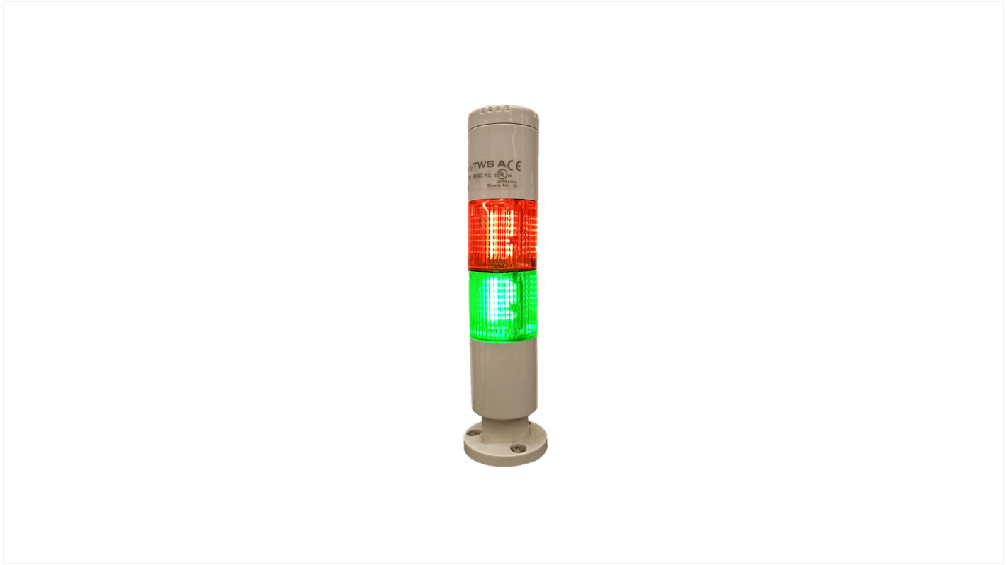 RS PRO LED Signalturm 2-stufig Linse Rot/Grün LED Grün, rot + Summer Dauer 165mm Multifunktion