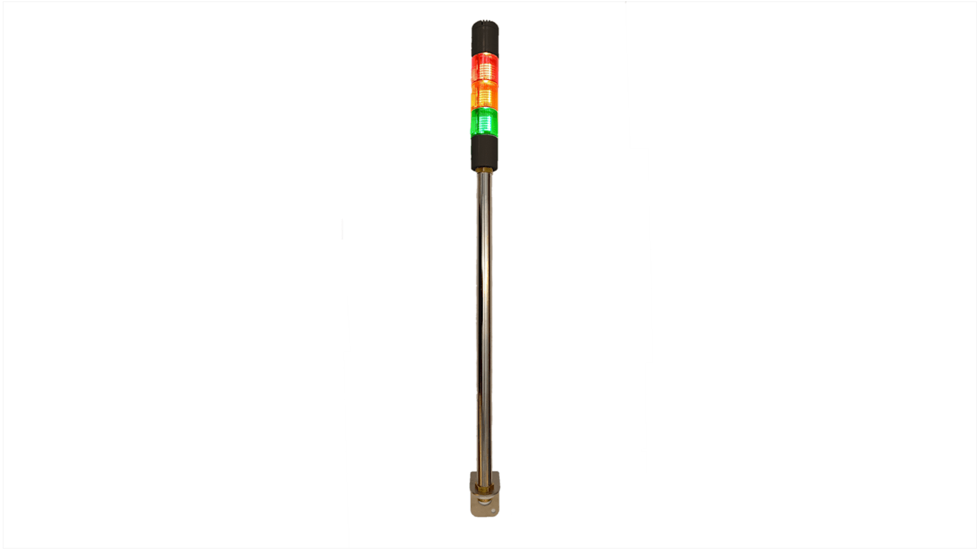 Columna de señalización RS PRO, LED, con 3 elementos Rojo/Verde/Ámbar, 72dB @ 1 m, 24 V ac / dc