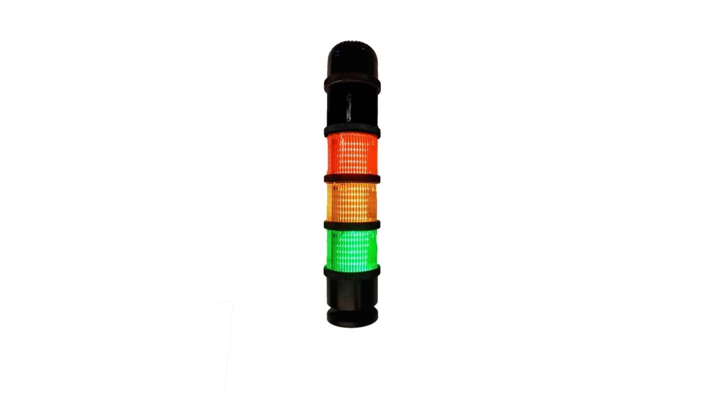 Torretta di segnalazione RS PRO, 24 V ca/cc, LED, 3 elementi, lenti Rosso/Verde/Ambra, con Cicalino