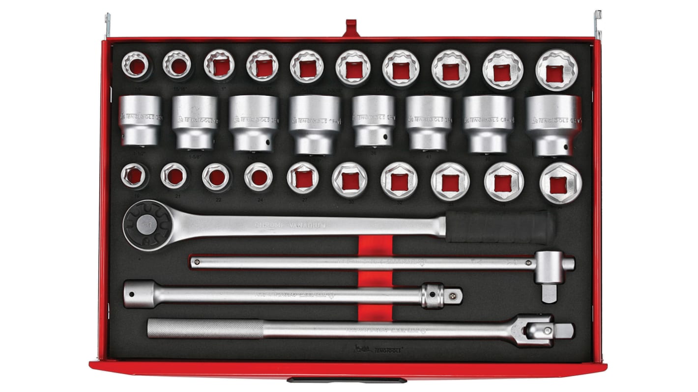 Teng Tools 32-Piece Imperial, Metric 3/4 in Standard Socket Set with Ratchet, 6 point; 12 point