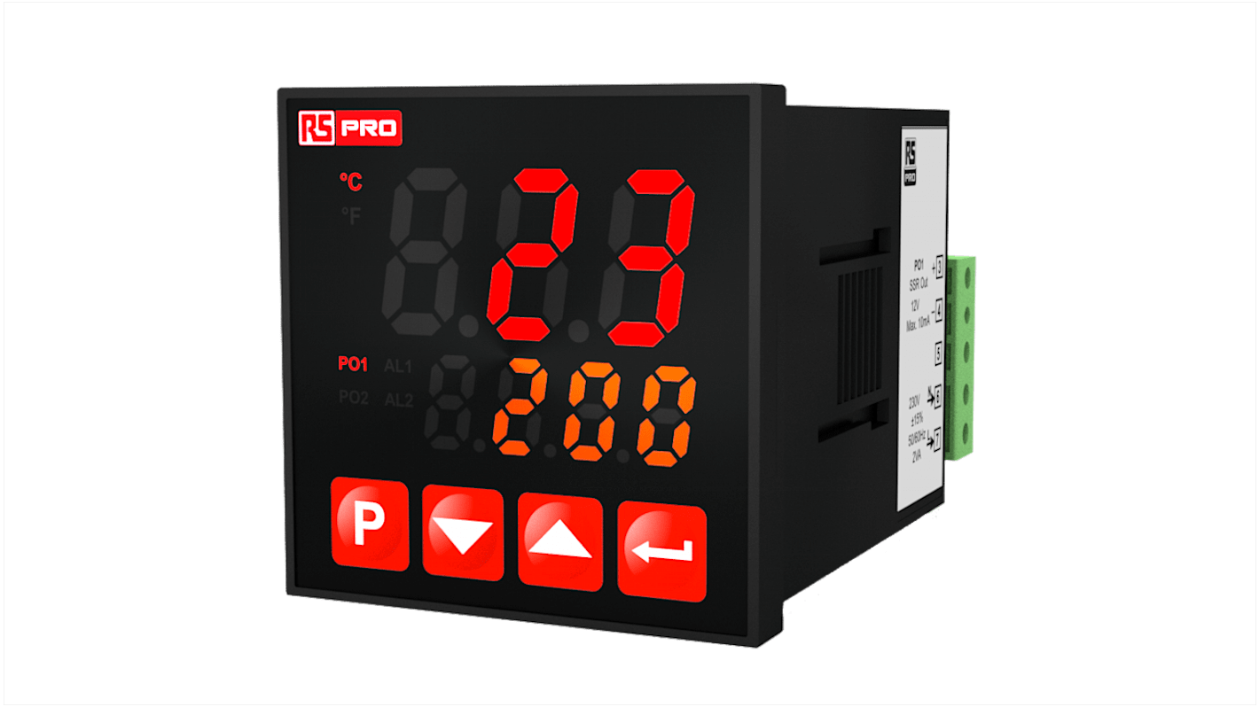 Controlador de temperatura PID RS PRO, 48 x 48mm, 100 → 240 V., 2 entradas TC, RTD, 3 salidas Relé, SSR