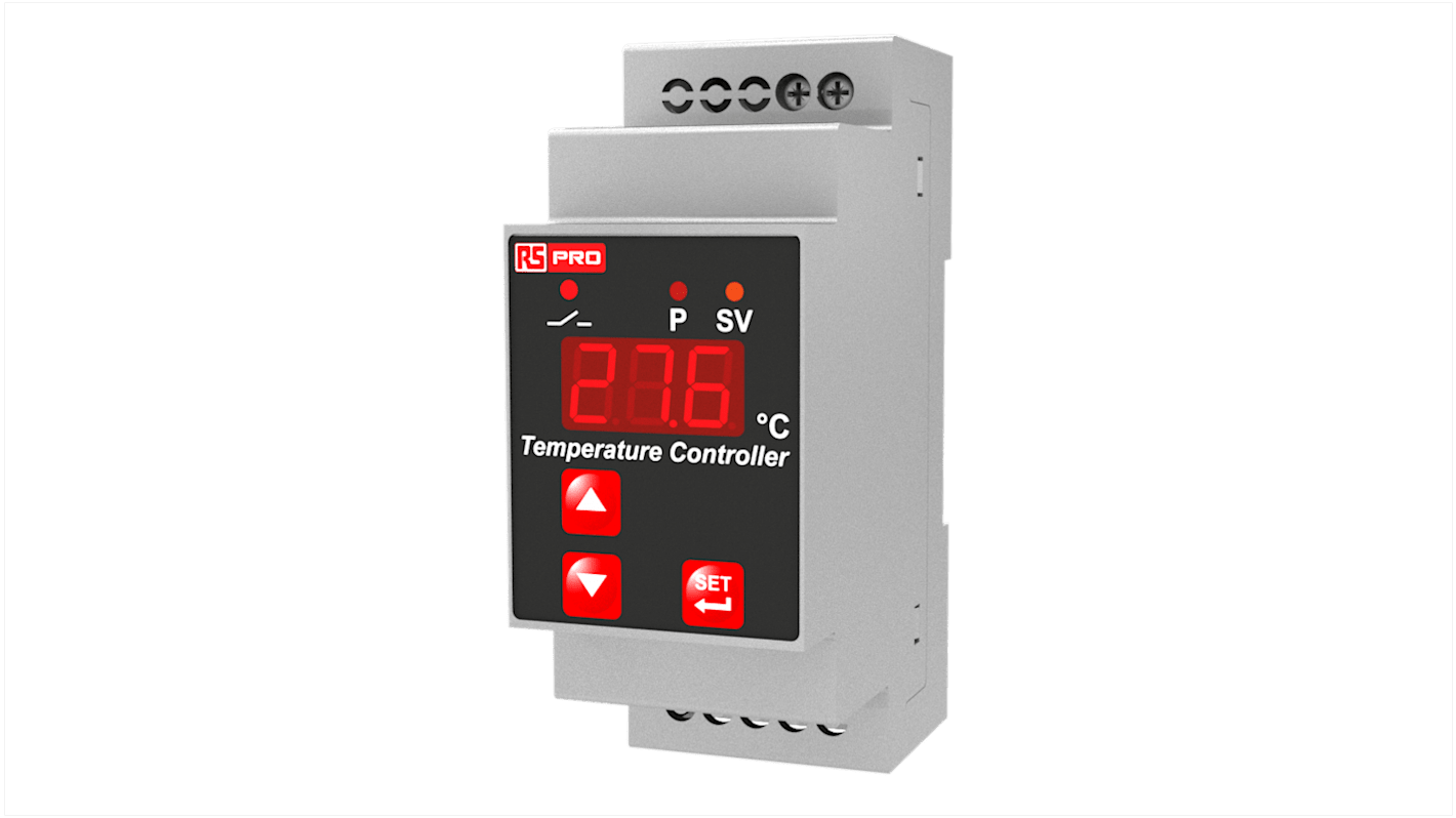 Controlador de temperatura ON/OFF RS PRO, 86 x 35mm, 24 V, 1 entrada Termopar de tipo K, 1 salida Relé