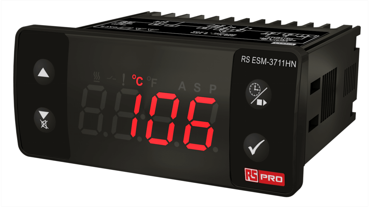 Controlador de temperatura ON/OFF RS PRO, 77 x 35mm, 100 → 240 V dc, 1 entrada Termopar de tipo K, 1 salida Relé