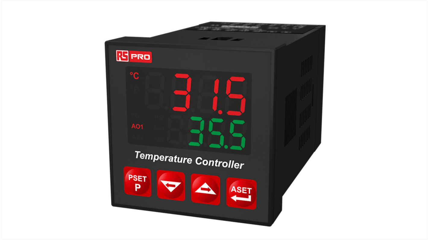 RS PRO Panel Mount PID Temperature Controller, 48 x 48mm 2 Input, 3 Output Relay, SSR, 115 V Supply Voltage ON/OFF, PID