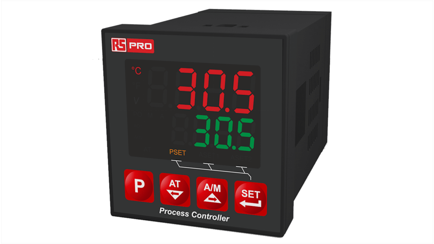 Controlador de temperatura PID RS PRO, 48 x 48mm, 100 → 240 V., 3 entradas TC, RTD, 3 salidas Relé