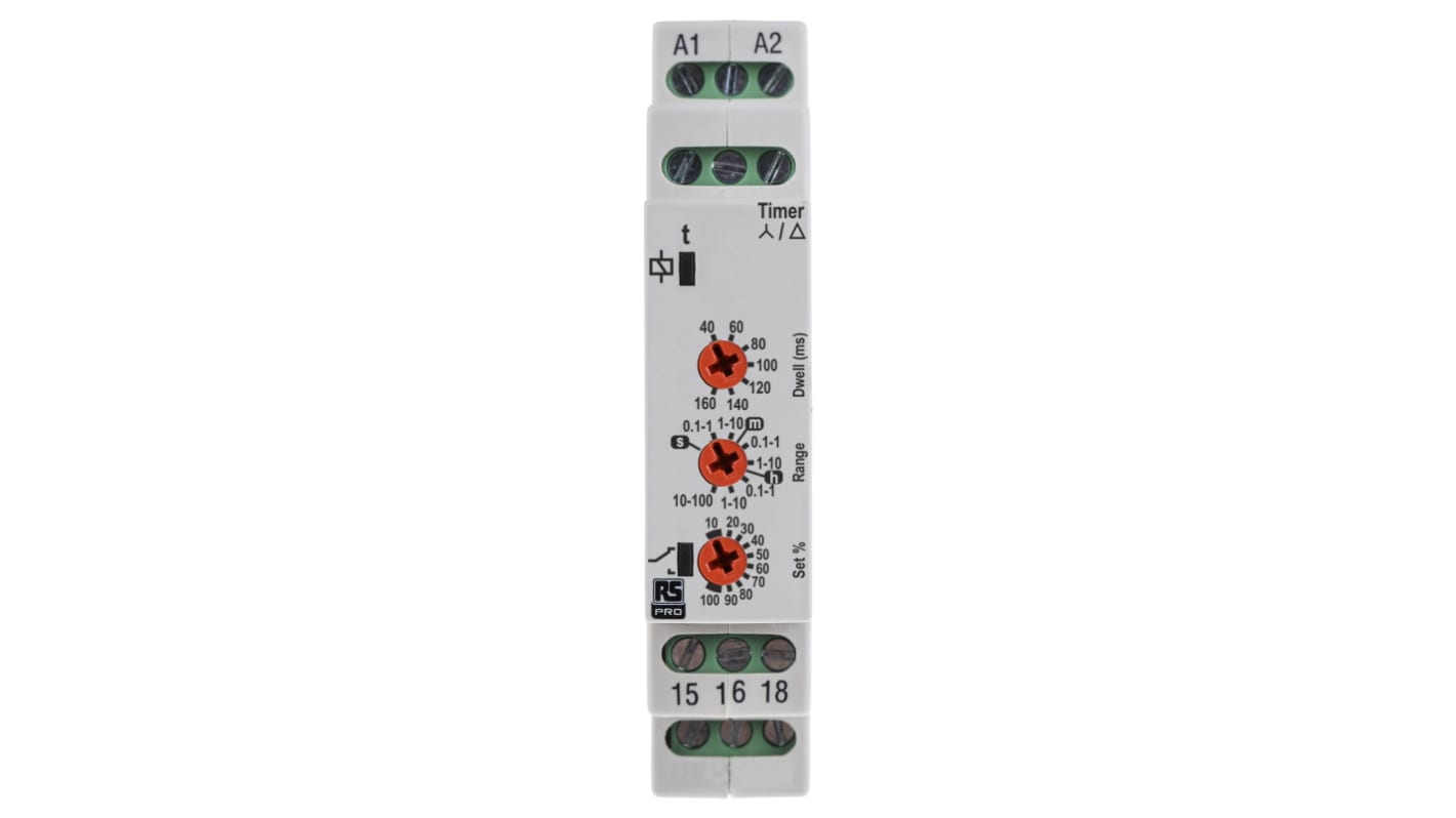 RS PRO DIN Rail, Surface Mount Timer Relay, 24 → 230V ac, 2-Contact, 0.1s to 100h, 1-Function, SPDT