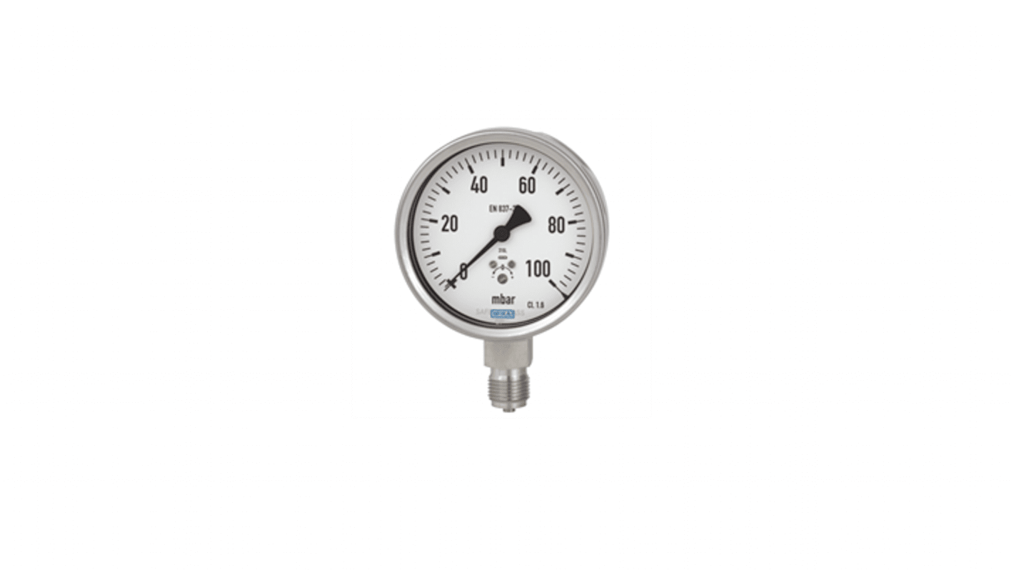 WIKA 632.50 63X.50 Druckmessgerät Prozessanschluss unten Analog 0bar → 100mbar, Ø 100mm NPT1/2