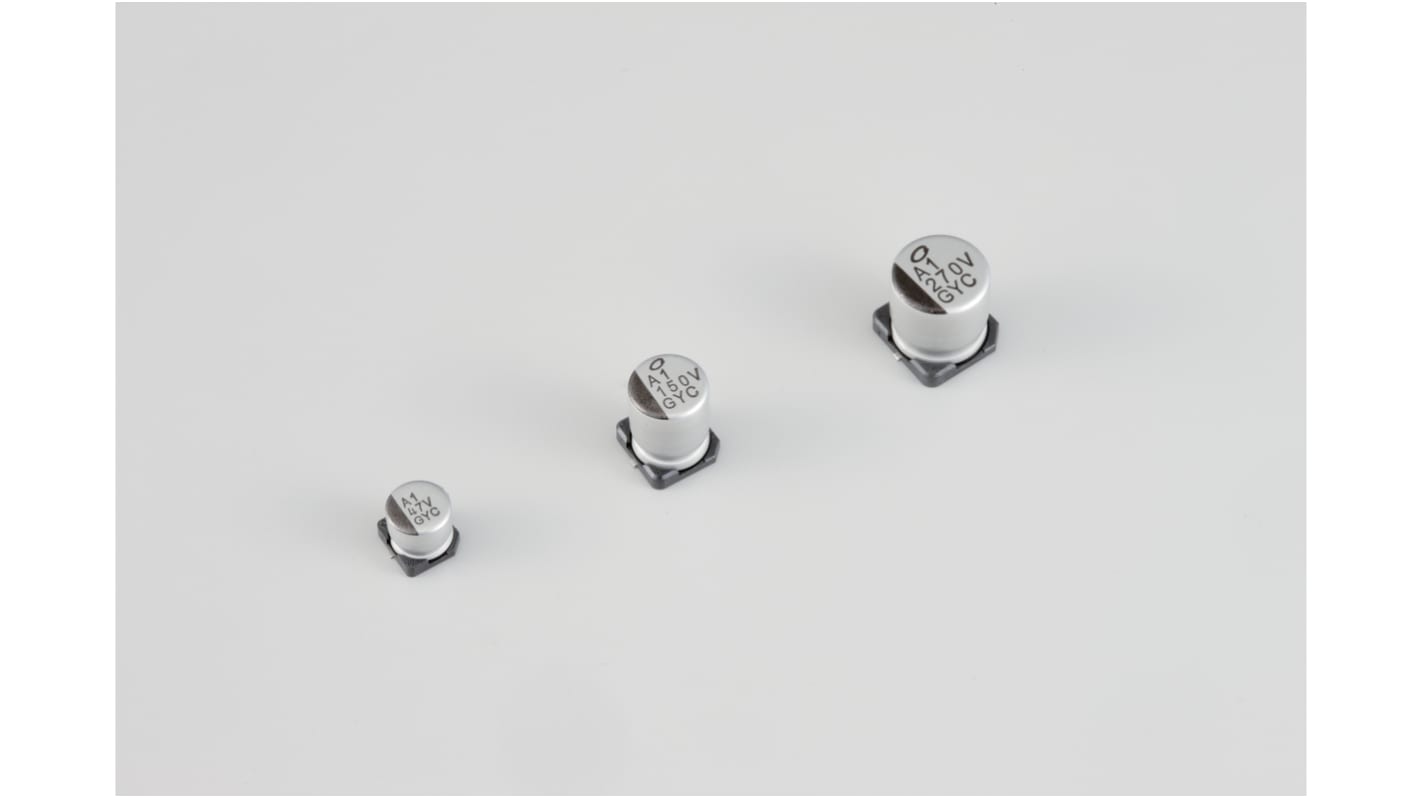 Nichicon, SMD Leitfähiges Polymer-Hybrid  Alu Kondensator, Elko 100μF / 25V dc, Ø 6.3mm x 7.7mm, bis 135°C