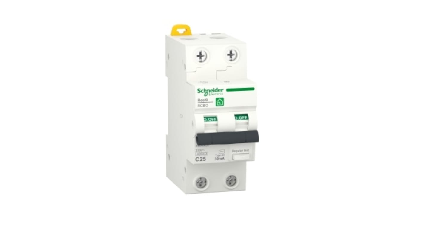 Schneider Electric RCBO, 25A Current Rating, 2P Poles, 30mA Trip Sensitivity, Resi9 Range