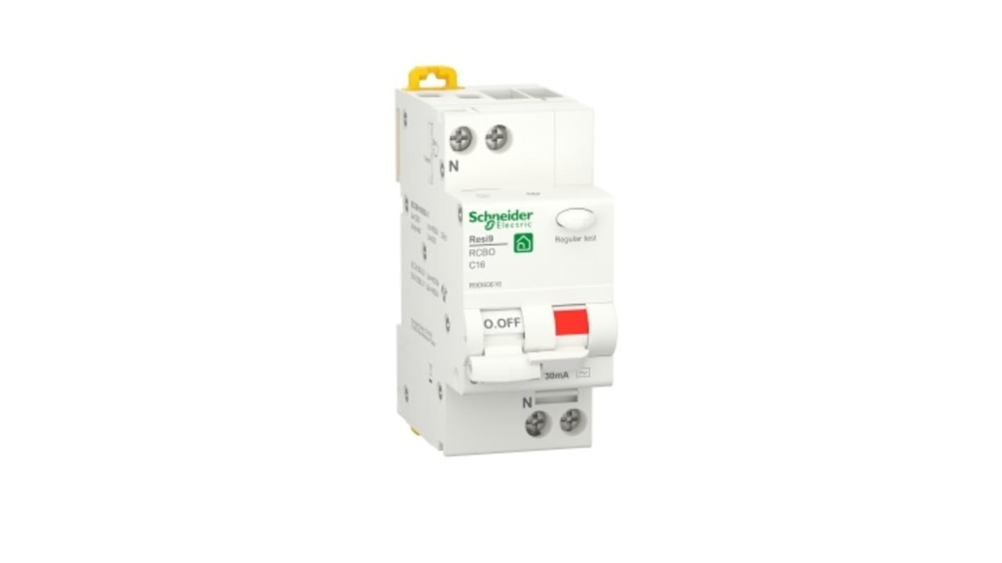 Schneider Electric RCBO, 16A Current Rating, 1P Poles, 30mA Trip Sensitivity, Resi9 Range