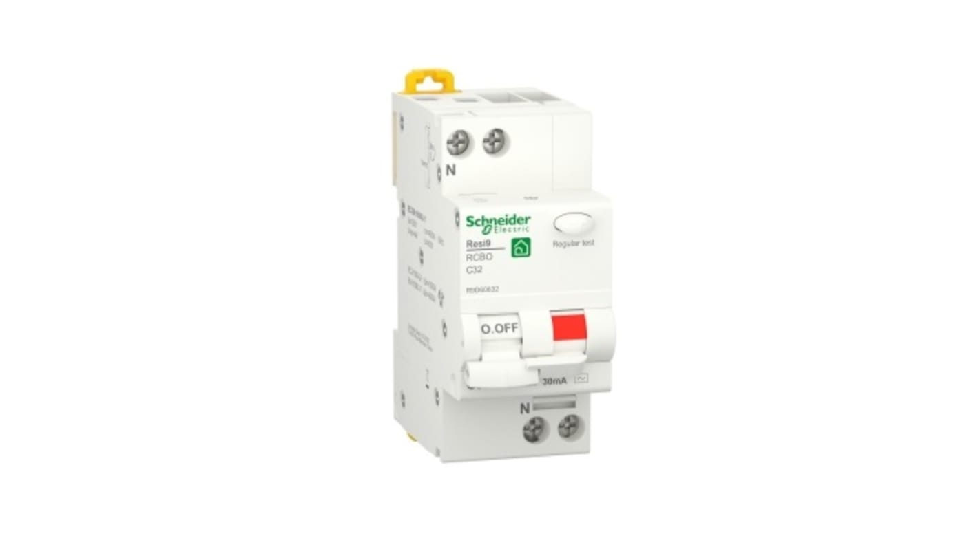 Schneider Electric RCBO, 32A Current Rating, 1P Poles, 30mA Trip Sensitivity, Resi9 Range