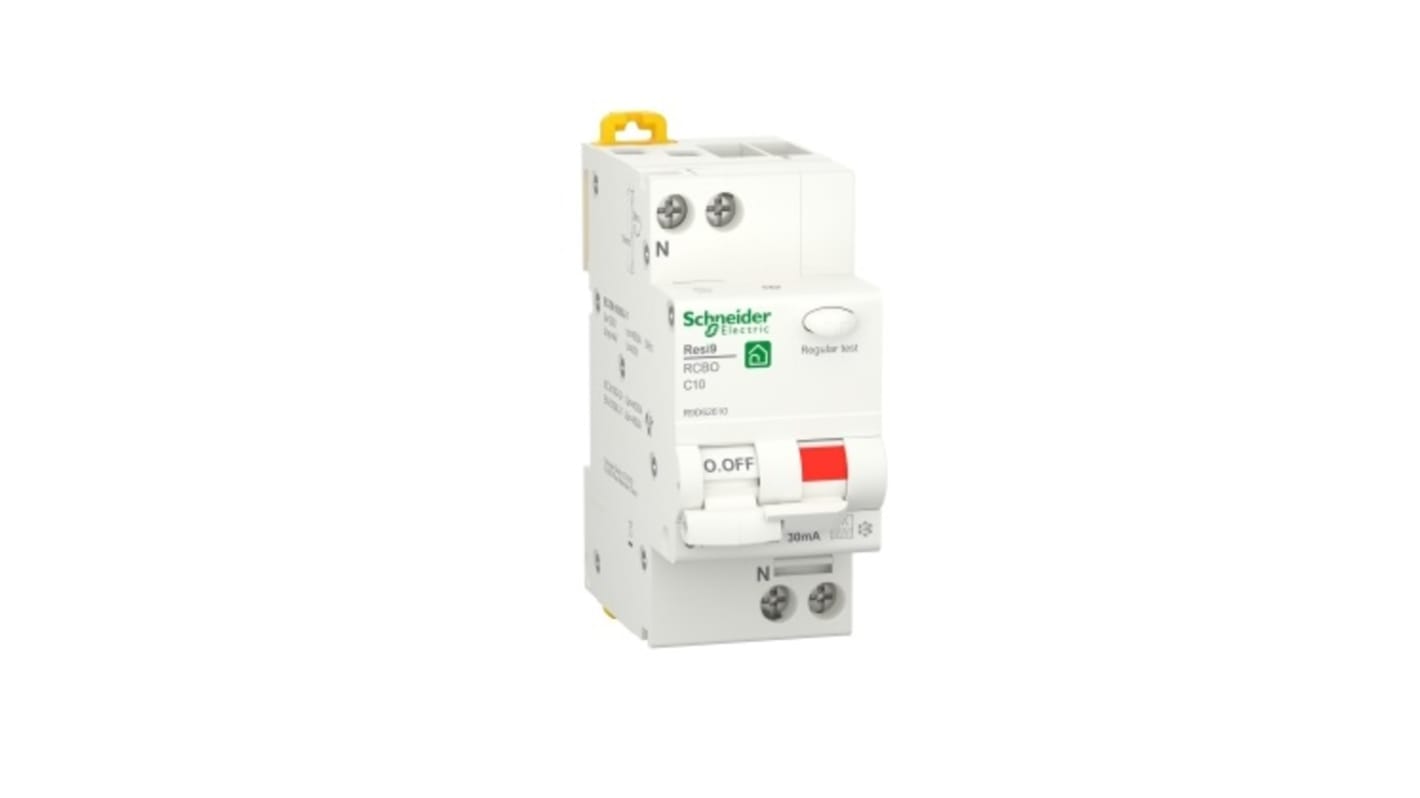 Schneider Electric RCBO, 10A Current Rating, 1P Poles, 30mA Trip Sensitivity, Resi9 Range