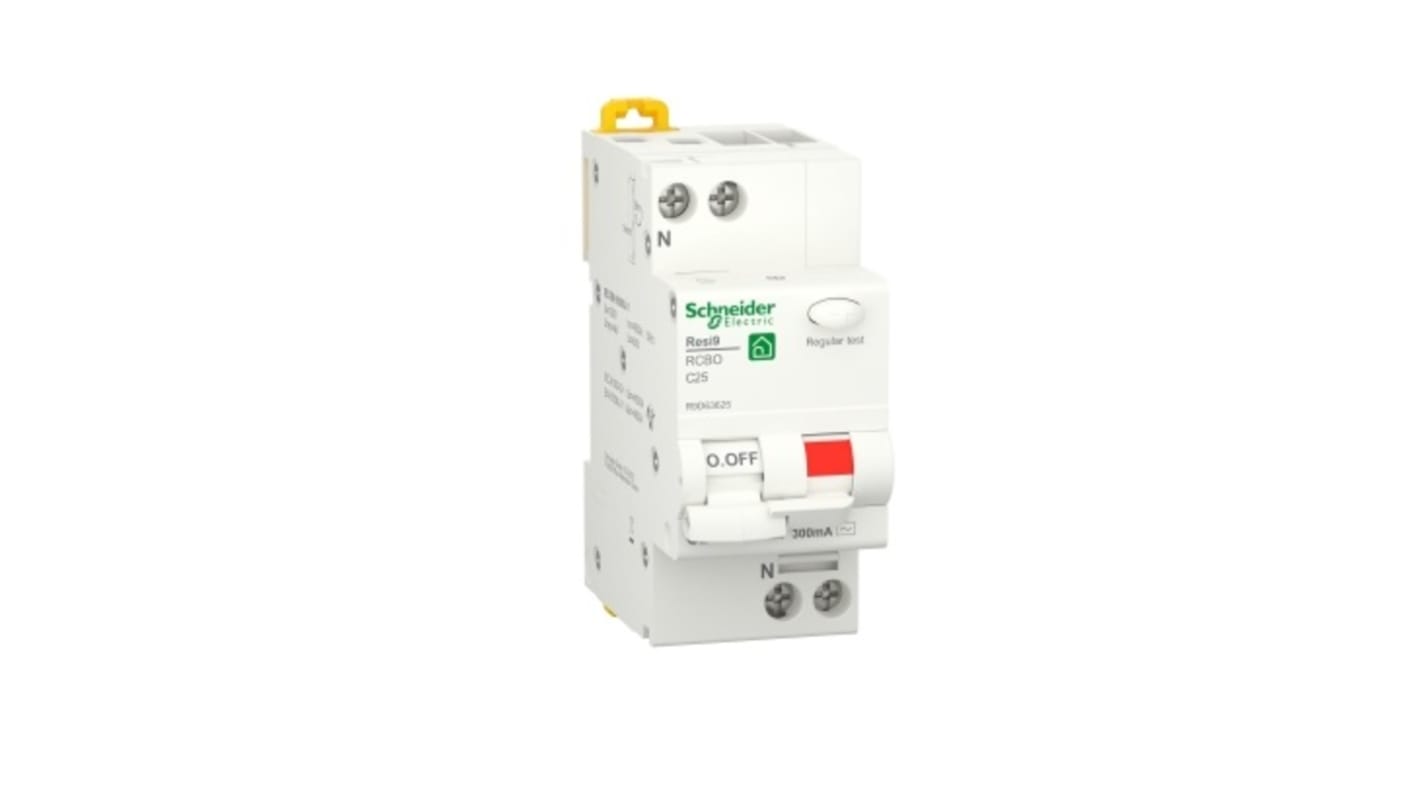 Schneider Electric RCBO, 25A Current Rating, 1P Poles, 300mA Trip Sensitivity, Resi9 Range