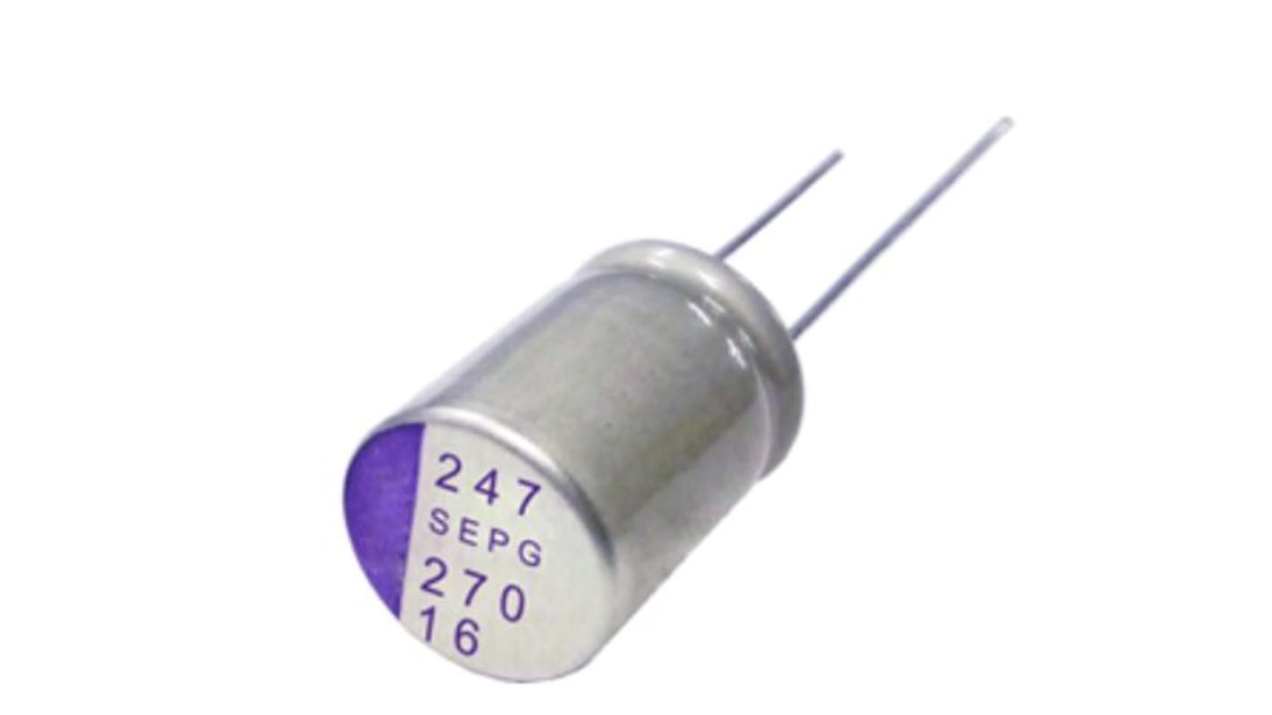 Condensador de polímero de aluminio de polímero Panasonic serie SEPG, 150μF, ±20%, 16V dc, Radial, Orificio pasante, 5