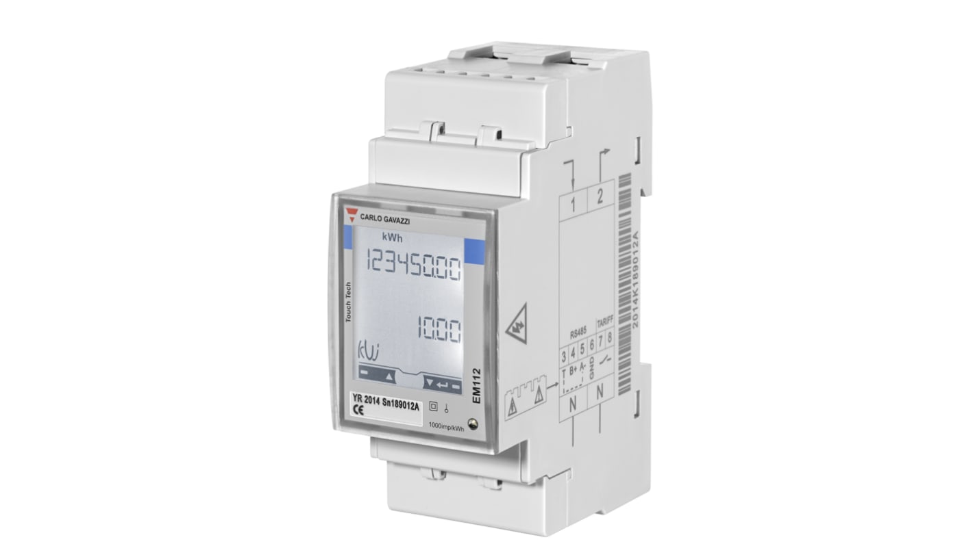 Medidor de energía Carlo Gavazzi serie EM112, display LCD, con 8 dígitos, 1 fase, dim. 35mm x 90mm