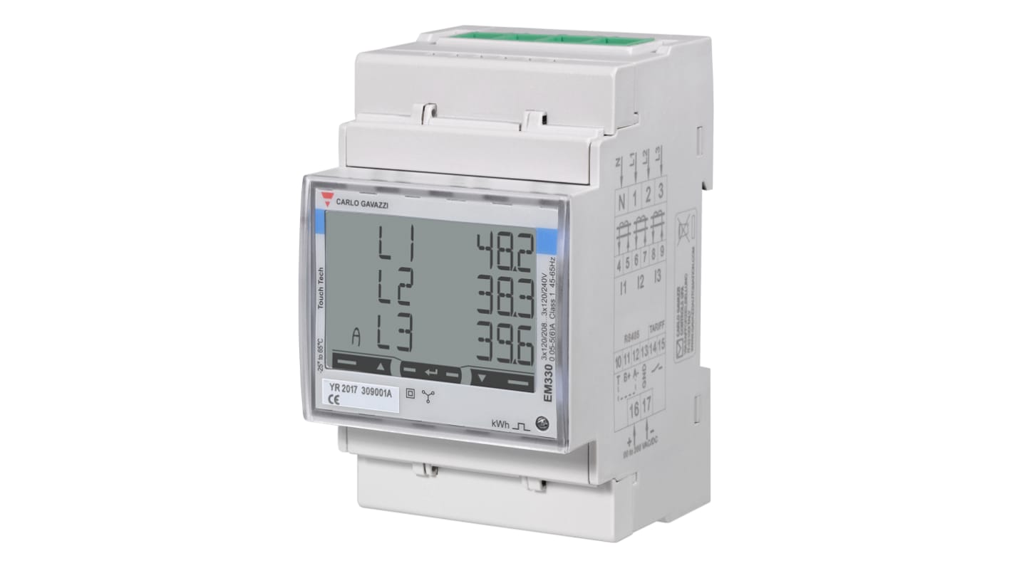 Medidor de energía Carlo Gavazzi serie EM330, display LCD, con 8 dígitos, 3 fases, dim. 72mm x 72mm