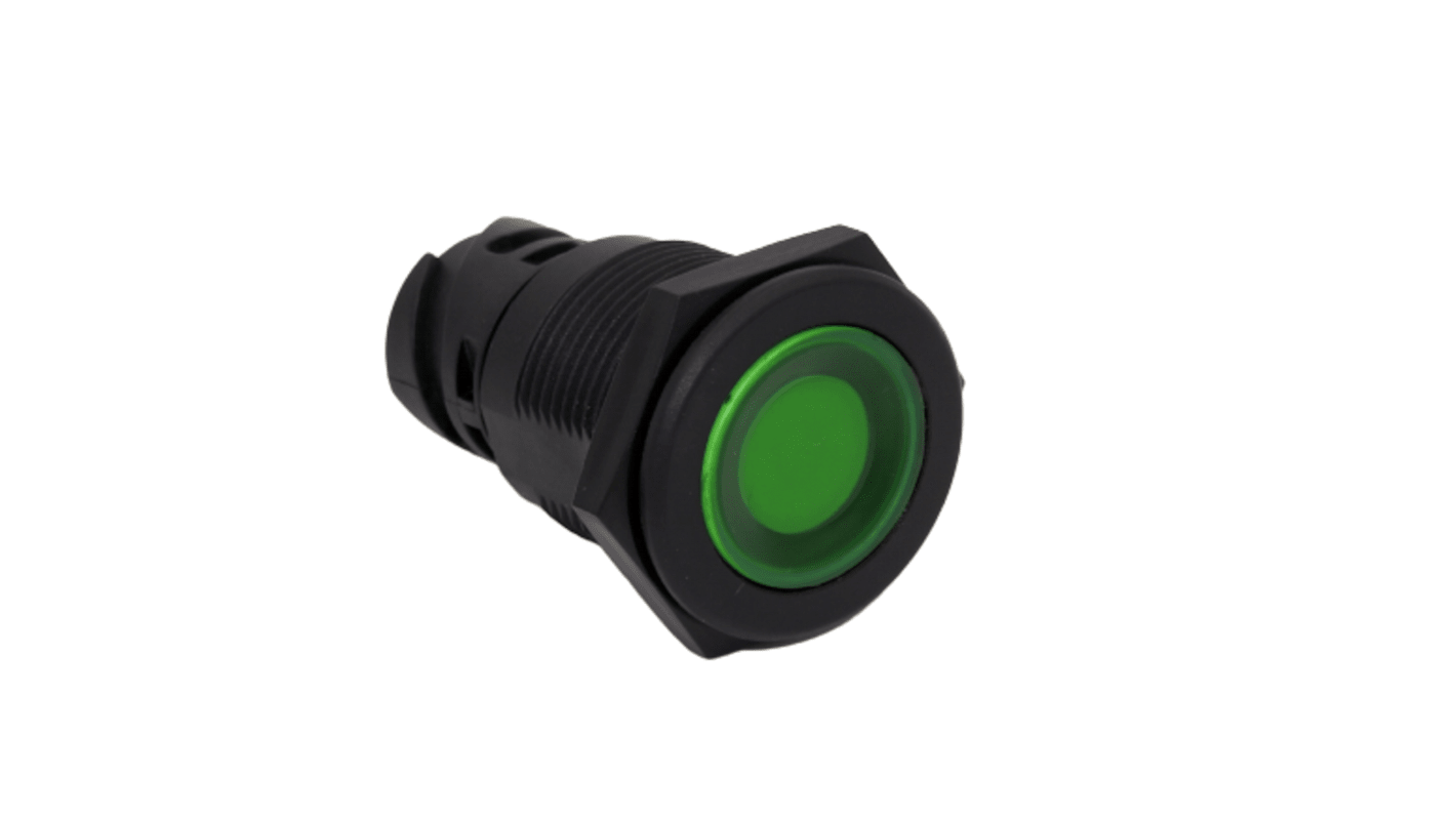 Bouton-poussoir, Momentané lumineux, LED Vert, 1RT, Traversant