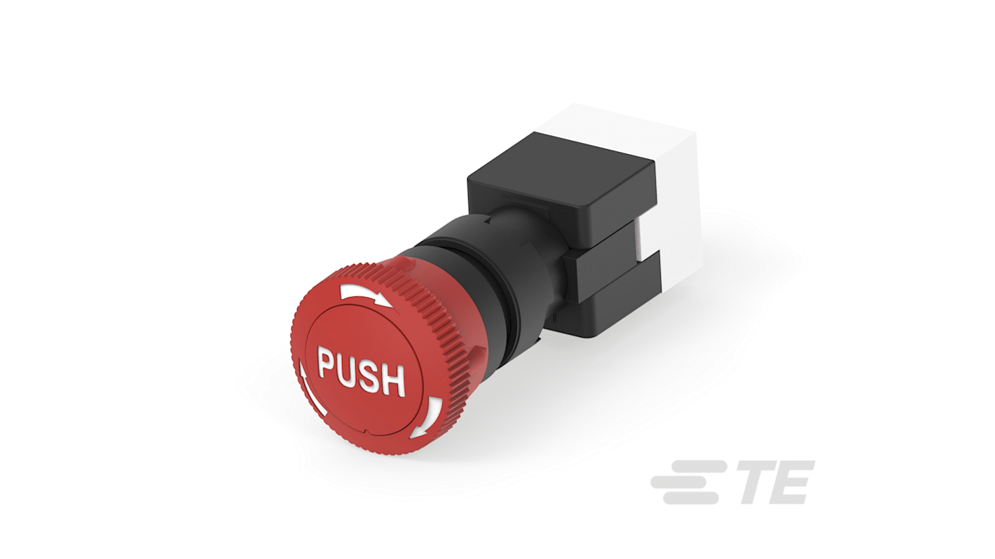 TE Connectivity Twist Release Emergency Stop Push Button, Panel Mount, 16mm Cutout, 1NC, IP65